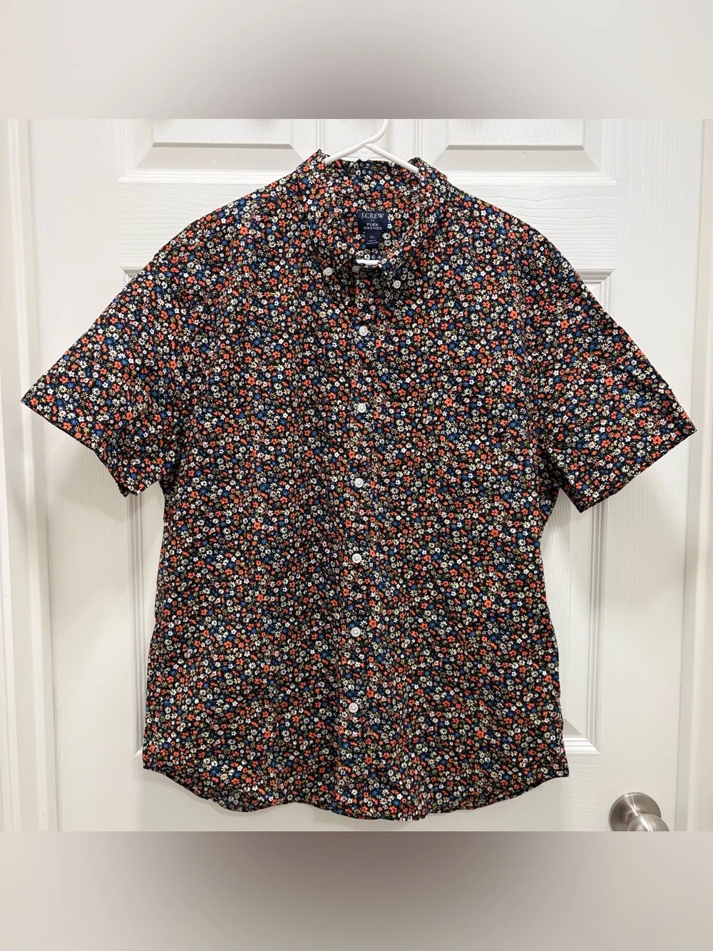 J. Crew Navy Floral Short Sleeve Button-Down Shirt with Red & White Accents